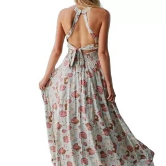 NWT Jaase Endless Summer Blue Green Fan Floral Halter Top Maxi Dress Cutout Back - Picture 3 of 14